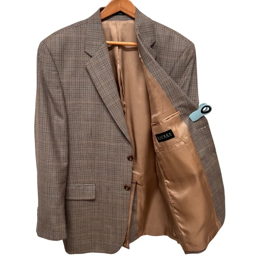 Lauren Ralph Lauren Silk Wool Houndstooth Sport Coat Blazer 42R Made in Canada